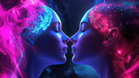 This captivating digital artwork features the serene faces of two women, radiating colorful cosmic energy. The ethereal ambiance creates a mystical connection filled with emotion.の素材
