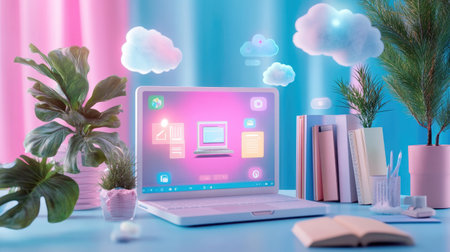 A vibrant workspace featuring a modern laptop with colorful icons, surrounded by lush plants and books. Ideal for illustrating creativity and productivity.の素材