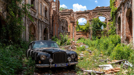 A striking image of a vintage car nestled in abandoned ruins, intertwined with nature growth. This atmospheric scene captures the beauty of decay and forgotten history.の素材
