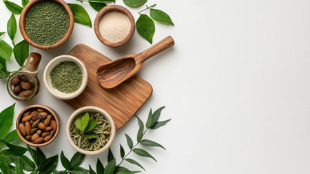 A beautiful arrangement of fresh herbs and spices in various bowls, with a wooden scoop, showcasing a natural and healthy culinary lifestyle against a clean background.の素材