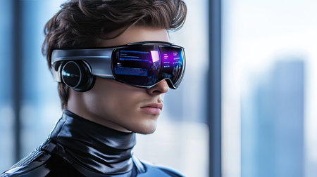 A young man wearing high-tech VR glasses showcases a fusion of fashion and innovation in a modern environment, emphasizing the future of digital interaction.の素材