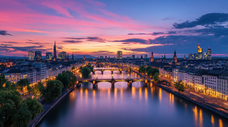 A breathtaking evening view of Frankfurt's skyline during sunset, showcasing vibrant colors reflected in the river with illuminated buildings and a calm atmosphere.の素材