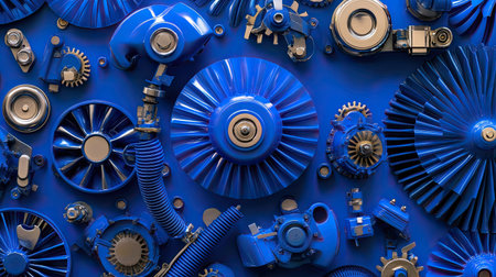 A stunning arrangement of vibrant blue mechanical components showcasing intricate designs and textures, perfect for industrial themes, technology concepts, and creativity.の素材