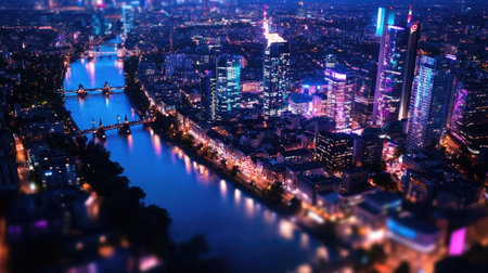 A breathtaking aerial view showcasing a vibrant city skyline at night. The serene river reflects colorful lights, creating a striking urban landscape perfect for travel themes.の素材