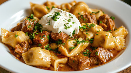 A delicious and hearty pasta dish featuring tender meat and topped with creamy sour solution, garnished with fresh herbs, perfect for any meal occasion.の素材