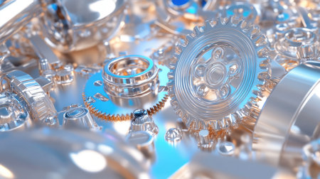 A stunning close-up view of shiny metallic gears and cogs piled together, showcasing the intricate details and reflective surfaces of various machine parts.の素材