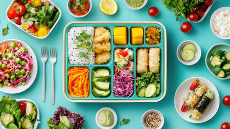 An aesthetically pleasing meal prep display featuring colorful vegetables, salads, and healthy sides, perfect for healthy lifestyles and balanced diets.の素材