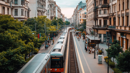 A stunning urban scene showcasing a train arriving in a bustling city center, surrounded by lush greenery and modern architecture, capturing vibrant city life.の素材