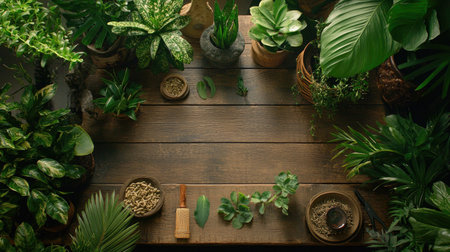 A beautiful arrangement of various plants and greenery on a wooden table. The setup includes plant care items, promoting a serene and inviting atmosphere perfect for enthusiasts and decorators.の素材