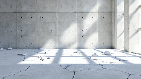 This image features an abstract interior space with cracked concrete flooring and stark sunlight casting elongated shadows across the walls, creating a striking visual effect.の素材