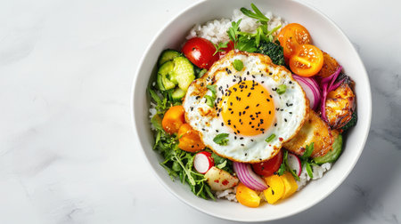A vibrant bowl features rice topped with a fried egg and assorted fresh vegetables, showcasing a nutritious meal option perfect for any time of day.の素材