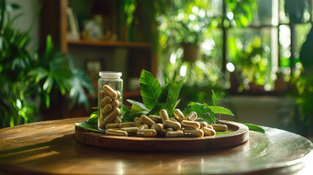 A serene arrangement of natural supplement capsules on a wooden table, complemented by vibrant green plants. This image conveys health and wellness.の素材