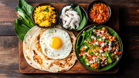 A vibrant assortment of traditional South Asian breakfast dishes served on a wooden platter, featuring a fried egg, salad, and spices with fresh ingredients.の素材