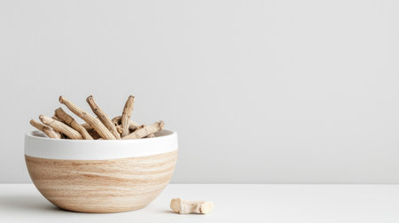Discover the serene beauty of dried herb sticks elegantly arranged in a wooden bowl, perfect for enhancing your kitchen decor and promoting wellness at home.の素材