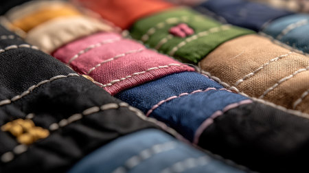 A detailed close-up of a colorful patchwork fabric showcasing intricate stitching techniques. The vibrant colors and patterns create a visually appealing texture perfect for design inspiration.の素材