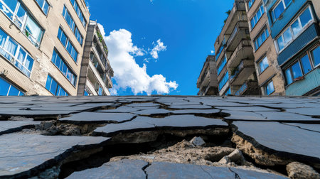 Captivating view of cracked asphalt road with modern apartment buildings under a bright blue sky adorned with fluffy clouds. The image captures urban decay.の素材