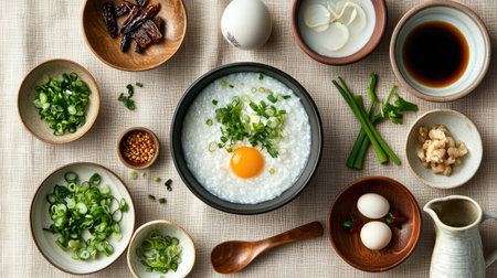 A simple and inviting setup featuring fresh ingredients for making rice porridge. Includes green onions, eggs, and seasoning in a cozy kitchen scene, perfect for any meal.の素材