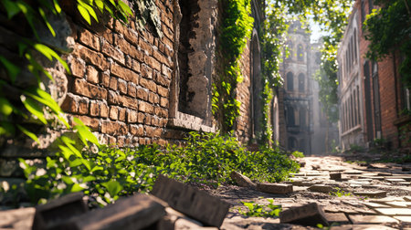 A tranquil alleyway featuring brick walls overgrown with lush greenery, illuminated by sunlight streaming down, creating a serene urban scene.の素材