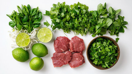 A beautifully arranged display of fresh herbs, lime, and beef illustrates vibrant cooking ingredients. Ideal for healthy recipes and culinary inspiration.の素材