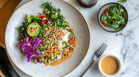 A vibrant and colorful salad featuring fresh vegetables, herbs, and a generous garnish. The dish is served with a dipping sauce, showcasing healthy eating.の素材