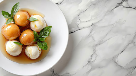 A mouthwatering dessert featuring round pastries paired with creamy ice cream and fresh mint, presented on a stylish marble surface. Perfect for food lovers!の素材