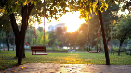 An empty swing set gently sways under a glowing sunset in a serene park, surrounded by lush trees. The scene captures a tranquil moment of childhood nostalgia and beauty.の素材
