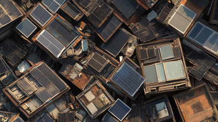 Discover an aerial view showcasing an urban landscape filled with roofs featuring solar panels. This image highlights sustainability and modern architecture.の素材