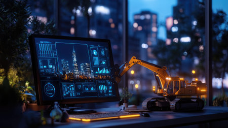 A high-tech construction workspace featuring a model excavator alongside a computer displaying architectural data and city skyline visuals. Perfect for themes of innovation and urban development.の素材