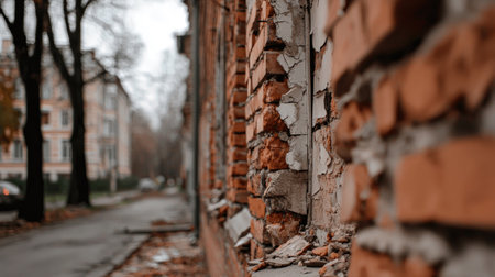 A detailed view of a crumbling brick wall on an abandoned street during autumn. The setting showcases the intersection of nature and urban decay, highlighting striking textures and colors.の素材