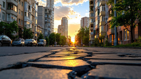 A stunning sunset casts a warm glow over an urban street, with modern buildings lining the road. The reflection on the pavement enhances the tranquil evening atmosphere.の素材