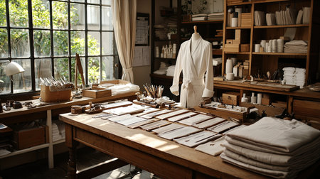 A cozy artistic studio space filled with natural light, featuring a large table loaded with crafting supplies, beautifully arranged materials, and an inviting atmosphere.の素材