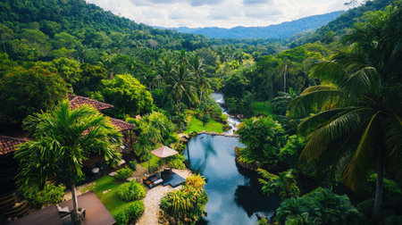 A stunning view of a lush tropical landscape featuring a serene riverbank surrounded by verdant greenery, perfect for relaxation and rejuvenation.の素材
