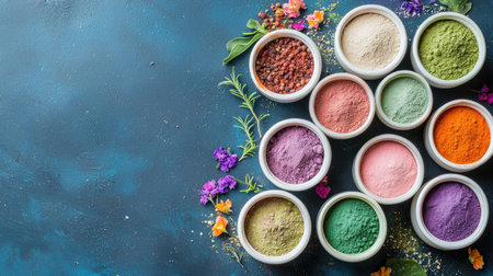Discover a vibrant arrangement of colorful powders in bowls, showcasing a variety of natural ingredients perfect for culinary creations or artistic projects.の素材