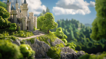 A breathtaking view of an enchanted castle nestled among lush greenery, surrounded by scenic landscapes and tranquil nature. Ideal for fantasy themes.の素材