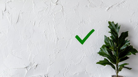 A fresh green leaf rests against a textured white wall, complemented by a check mark. This minimalist image evokes simplicity and elegance, ideal for decor inspiration.の素材