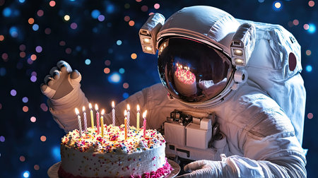 An astronaut floats in space holding a colorful birthday cake with lit candles, embodying fun and celebration against a backdrop of twinkling stars.の素材