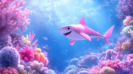 A whimsical pink shark gracefully swims through a vibrant coral reef, showcasing a colorful underwater world filled with diverse marine life and tranquility.の素材