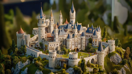 A stunning model of a fairytale castle set amidst lush greenery, showcasing intricate details and vibrant colors. Perfect for artistic and design inspiration.の素材