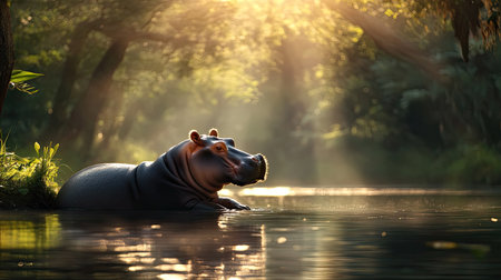 A hippo rests peacefully in tranquil waters, surrounded by lush trees and soft sunlight filtering through branches, creating a serene, nature-filled scene.の素材
