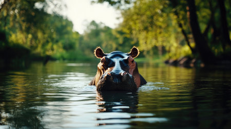 A majestic hippo gracefully swims in a calm river, showcasing its serene presence amidst vibrant greenery. This striking wildlife scene captures nature's beauty and tranquility.の素材