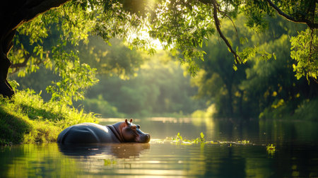 A tranquil scene of a hippopotamus resting in a serene river, surrounded by lush greenery and illuminated by sunlight. This peaceful moment captures the essence of wildlife in its natural habitat.の素材