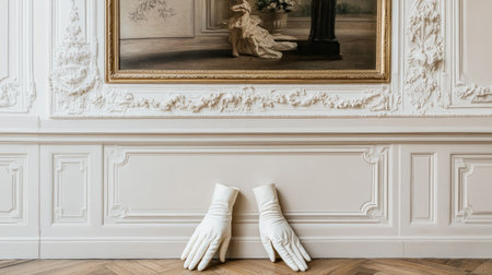 A pair of elegant white gloves leaning against a vintage wall near an exquisite art piece, evoking sophistication and timeless beauty in an artistic setting.の素材