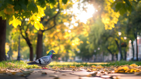 A colorful pigeon walks along a pathway in an autumn park, surrounded by vibrant leaves and soft sunlight filtering through the trees, creating a serene atmosphere.の素材
