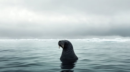 A large seal gracefully rises from the calm ocean waters, embodying serenity and wildlife beauty. The soft gray backdrop adds to the tranquil atmosphere of the natural setting.の素材
