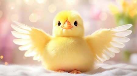 This charming image features an adorable yellow chick with outstretched wings, set against a soft light background. Perfect for themes of spring and innocence.の素材
