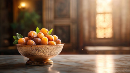 A beautifully arranged bowl of fresh fruits, illuminated by warm natural light. The elegant setting highlights the vibrant colors and textures, perfect for culinary displays.の素材