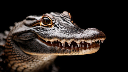 This stunning close-up shot captures the fierce expression of an alligator, showcasing its sharp teeth and intricate scales. Ideal for wildlife enthusiasts.の素材
