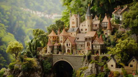 Explore a quaint miniature village nestled among lush greenery, featuring charming houses, intricate details, and a picturesque bridge that invites imagination.の素材
