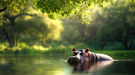 A lone hippo floats serenely in still water, framed by lush greenery and bathed in soft sunlight, creating a tranquil scene in nature beauty.の素材