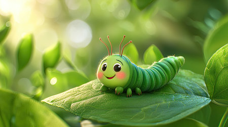 This adorable cartoon caterpillar is perched on a vibrant green leaf, exuding cuteness and joy. The bright setting showcases the beauty of nature.の素材